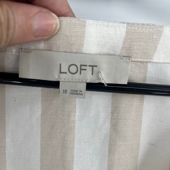 Loft Stripe Shirt Dress Sz 18  Linen Cottagecore Coastal Puff Sleeve Midi Beachy - Picture 8 of 11